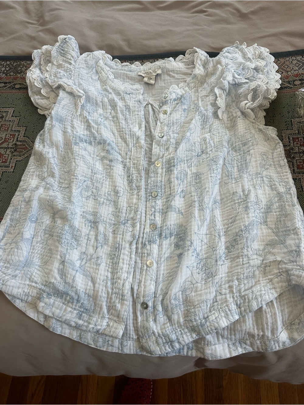 Blouse Blue Floral Ruffle Sleeve Blouse Size M